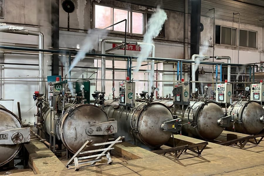 Steam retorts in a food processing plant in China